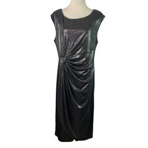 Connected Apparel Dress Silver Metallic Ruched Size 16 Cocktail Pencil Sheath